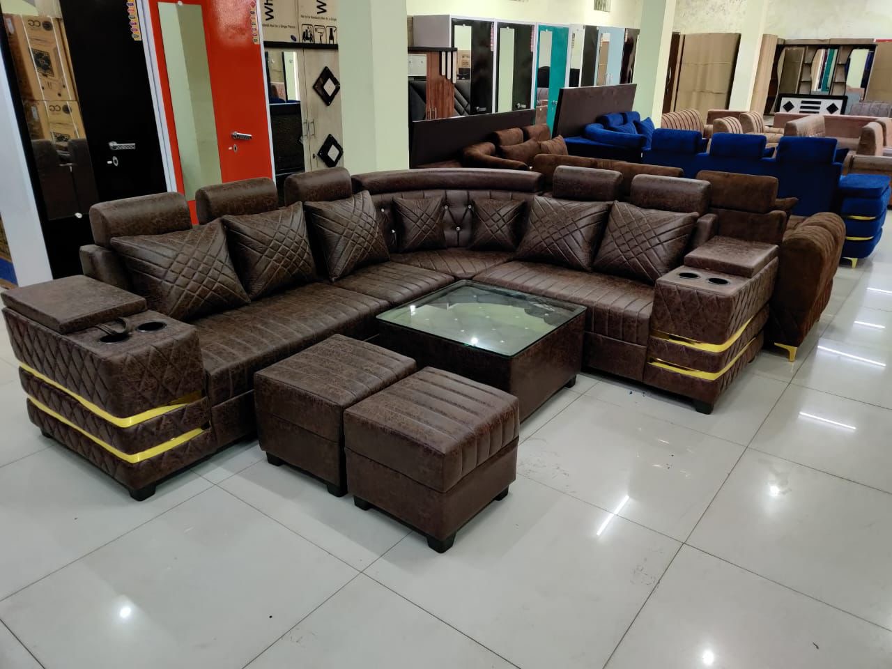 Corner sofa with center table and puffy